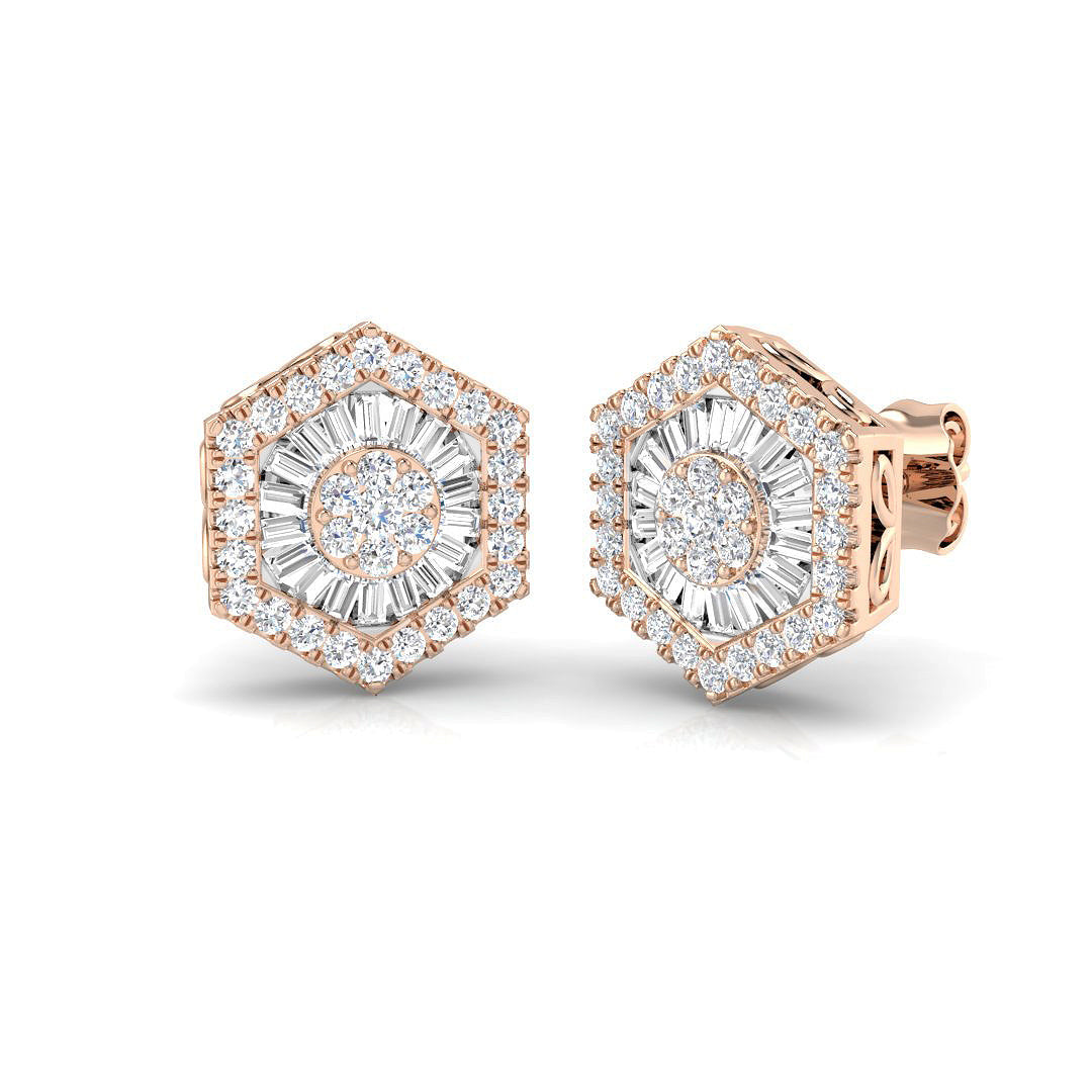 Stud Earrings with Hexagon Diamond Cluster Halo - 0.5ct to 1.25ct in 10K/14K gold and platinum with certified lab-grown or natural diamonds