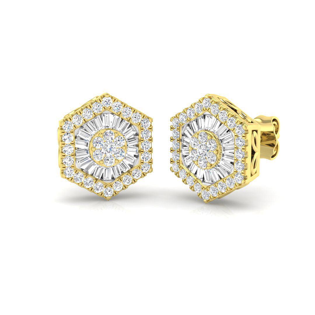 Stud Earrings with Hexagon Diamond Cluster Halo - 0.5ct to 1.25ct in 10K/14K gold and platinum with certified lab-grown or natural diamonds