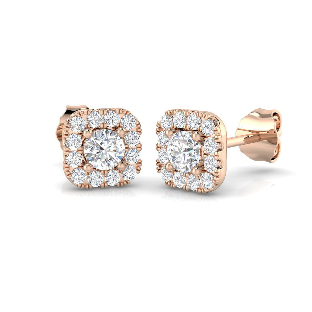 Halo Stud Earrings - 0.50 Carat Dayny Cushion Shaped Square Profile in 10K/14K gold and platinum with certified lab-grown or natural diamonds