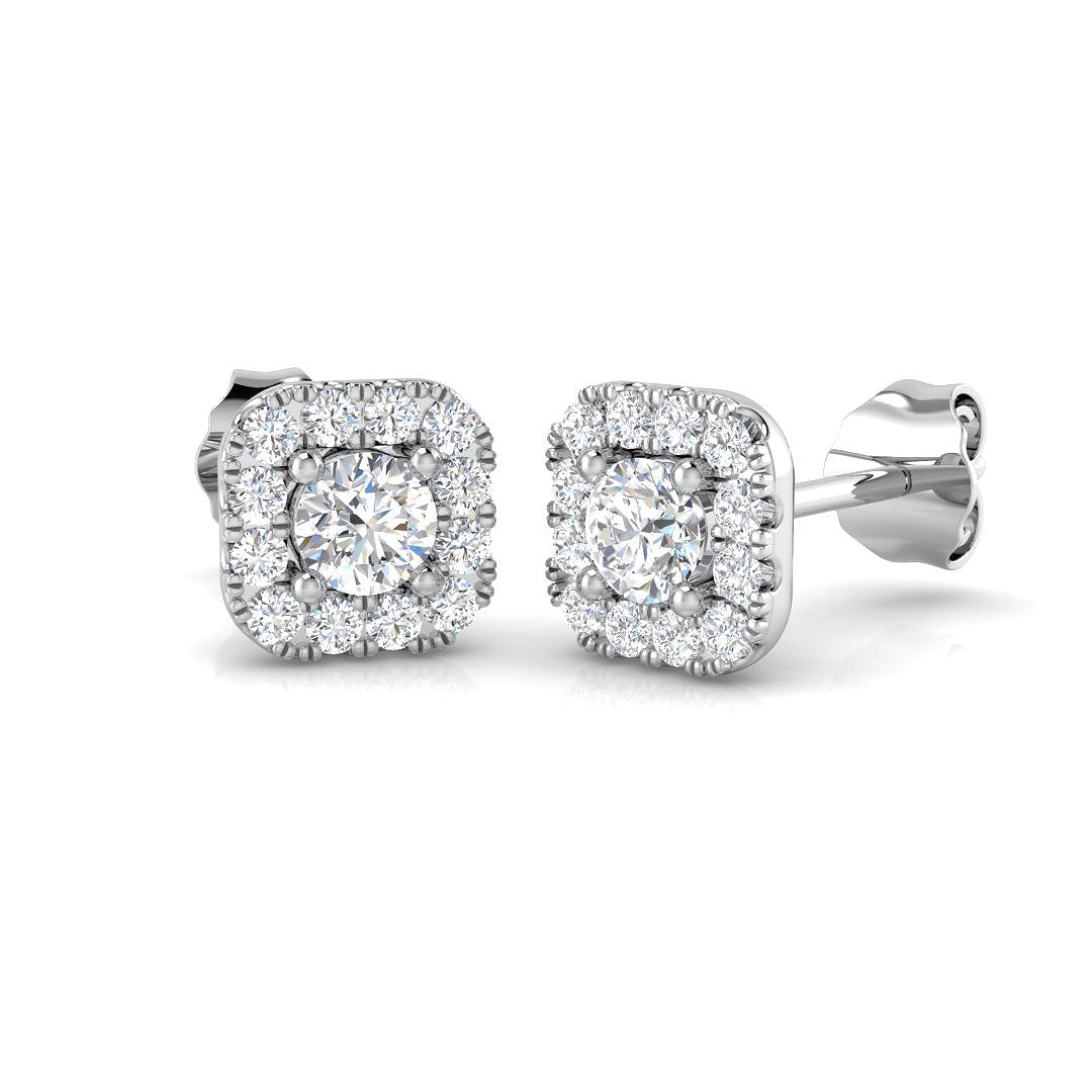 Halo Stud Earrings - 0.50 Carat Dayny Cushion Shaped Square Profile in 10K/14K gold and platinum with certified lab-grown or natural diamonds