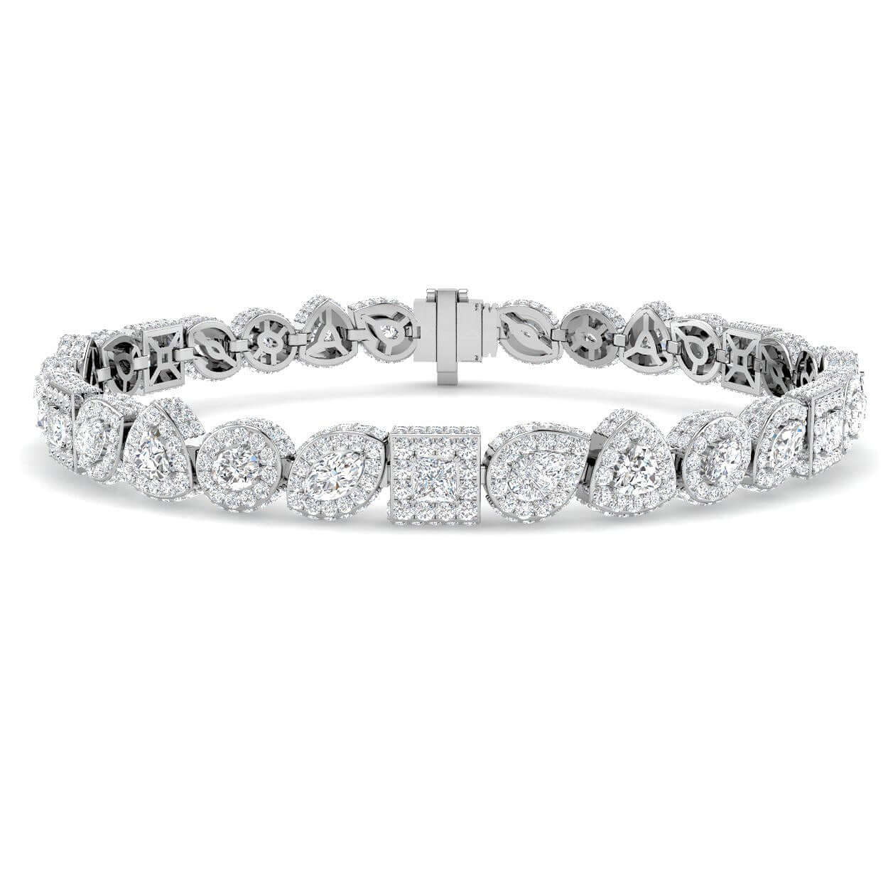Multi Shape Solitaire Natural Diamond Halo Tennis Bracelet with Box Clasp in 10K/14K gold and platinum with certified lab-grown or natural diamonds