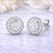 Elegant Round Diamond Halo Vintage Stud Earrings in 10K/14K gold and platinum with certified lab-grown or natural diamonds