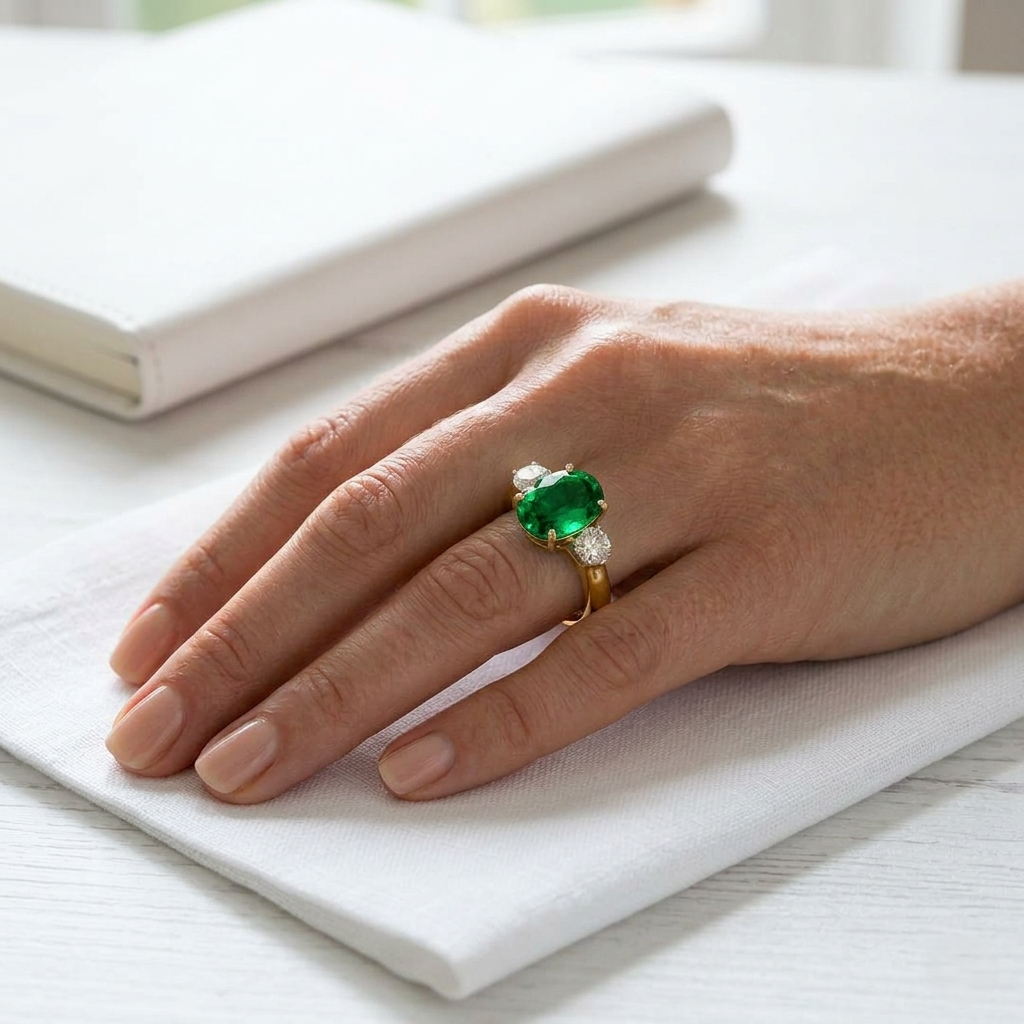 Round Cut Natural Diamond Three-Stone Ring with Oval Colour Gemstone in 10K/14K gold and platinum with certified lab-grown or natural diamonds