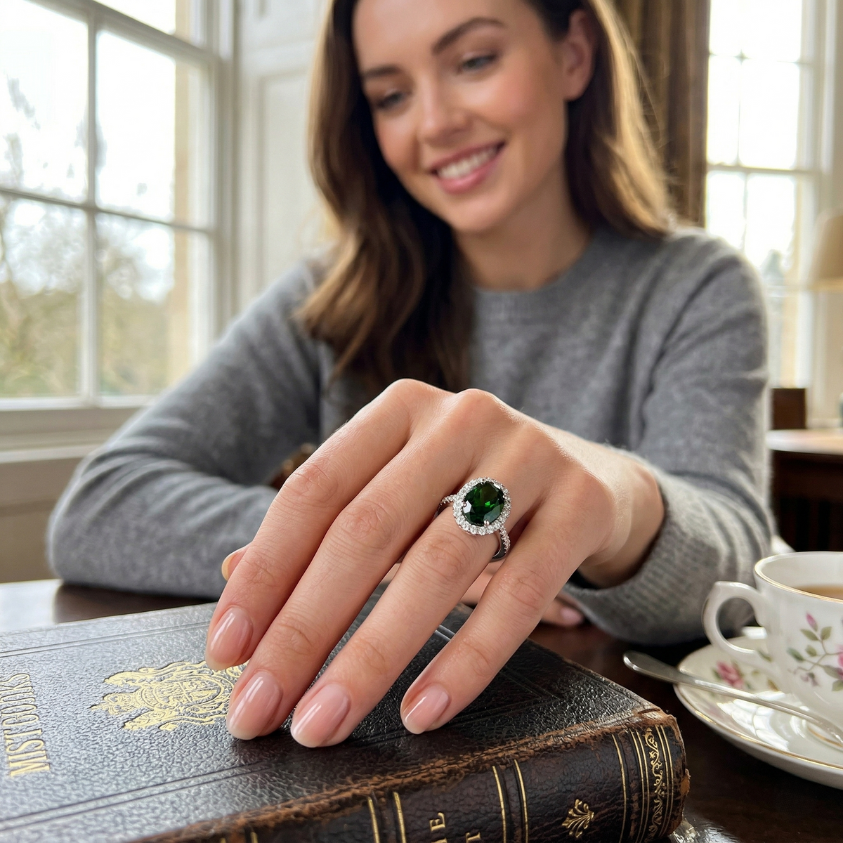 Oval Green Halo Engagement Ring in 10K/14K gold and platinum with certified lab-grown or natural diamonds