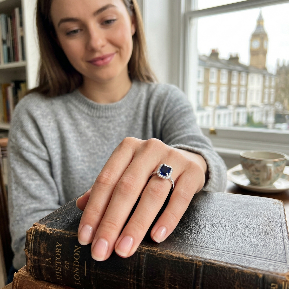 Emerald Cut Blue Sapphire Halo Ring with Natural Round Cur Pave Band in 10K/14K gold and platinum with certified lab-grown or natural diamonds