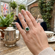 Emerald Halo Ring Cushion Cut with Diamond Cluster in 10K/14K gold and platinum with certified lab-grown or natural diamonds