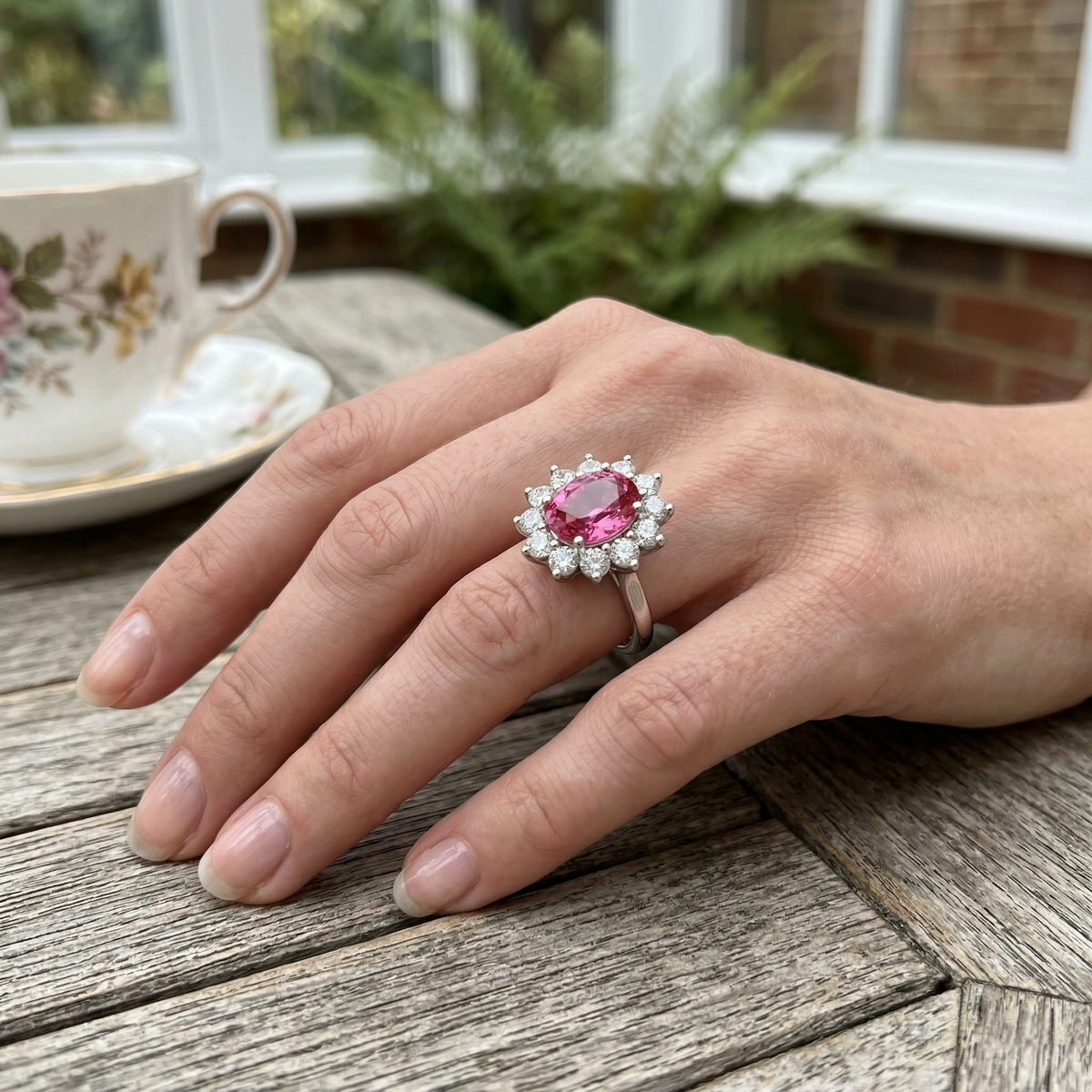 Pink Sapphire Diamond Halo Engagement Ring in 10K/14K gold and platinum with certified lab-grown or natural diamonds
