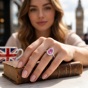 Pink Sapphire Halo Diamond Engagement Ring in 10K/14K gold and platinum with certified lab-grown or natural diamonds
