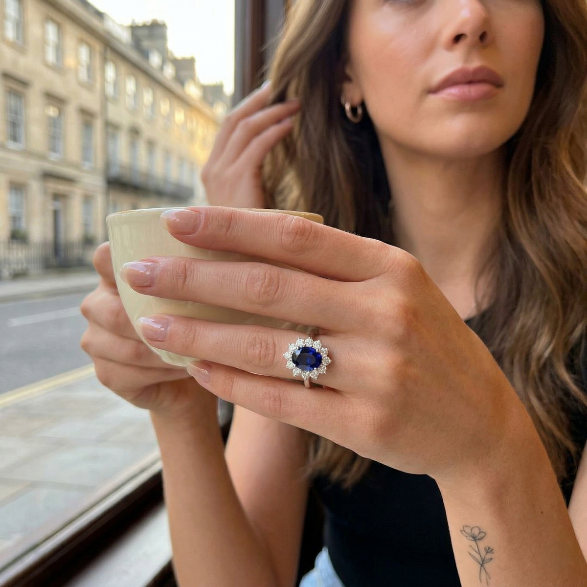 Oval Blue Sapphire Halo Engagement Ring in 10K/14K gold and platinum with certified lab-grown or natural diamonds