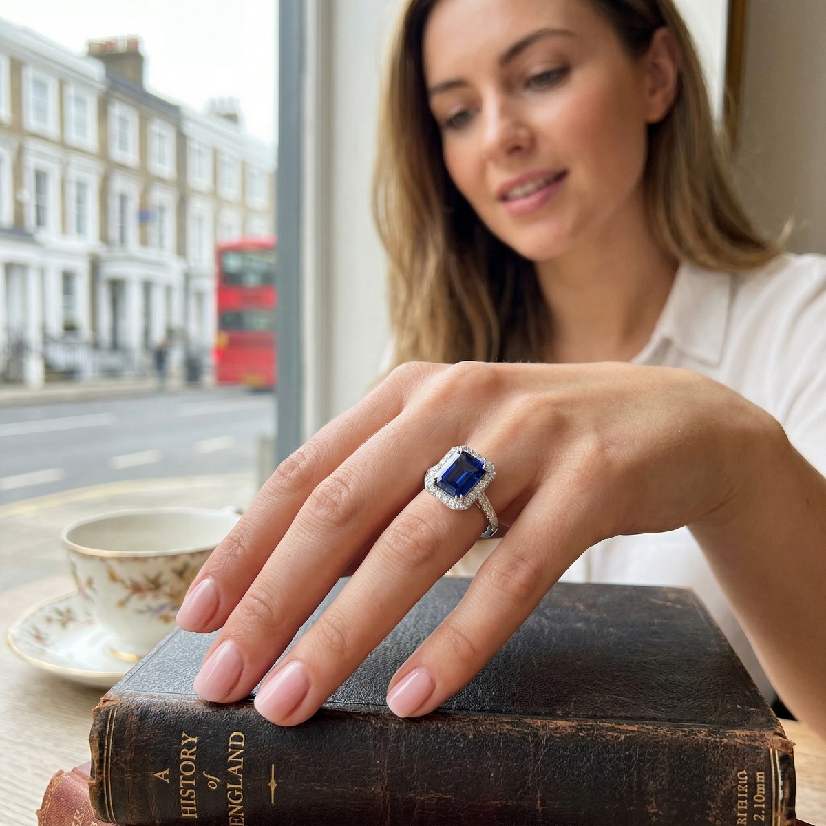 Emerald Cut Blue Sapphire Halo Ring in 10K/14K gold and platinum with certified lab-grown or natural diamonds