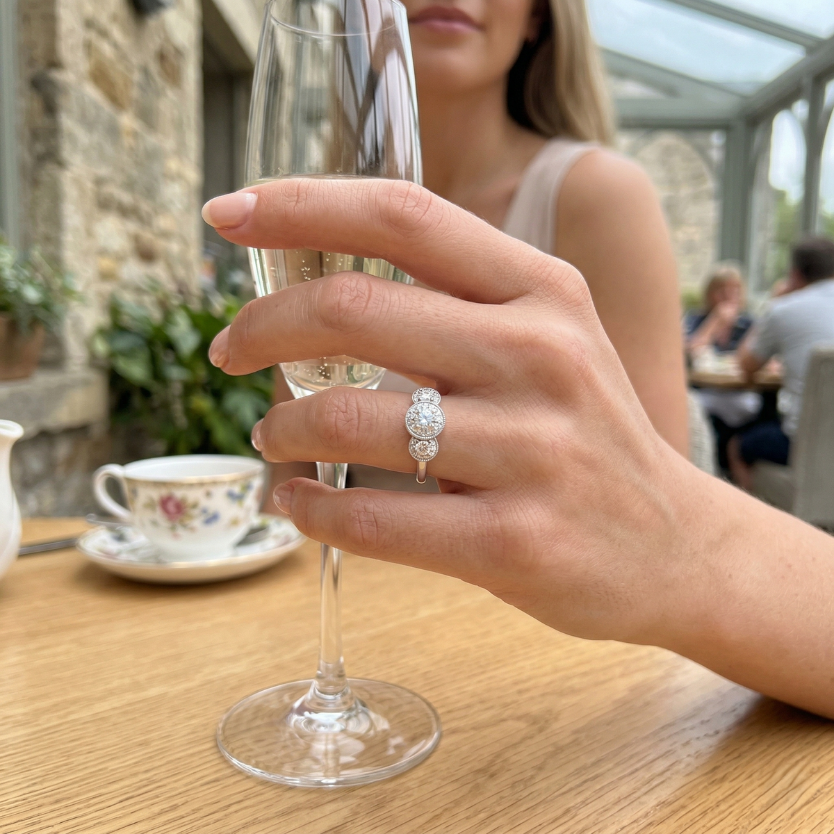 Three Stone Halo Diamond Ring Milgrain detail Engagement Ring in 10K/14K gold and platinum with certified lab-grown or natural diamonds