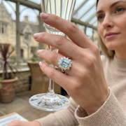 Emerald Cut Aquamarine Halo Cluster Ring with Diamonds - UK Hallmarked in 10K/14K gold and platinum with certified lab-grown or natural diamonds