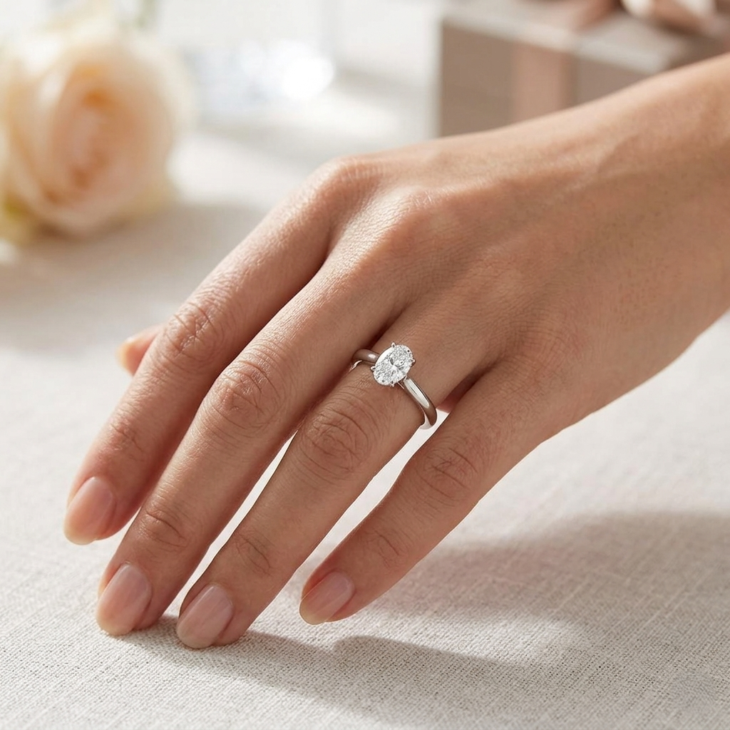 Oval Solitaire Diamond Ring in 10K/14K gold and platinum with certified lab-grown or natural diamonds