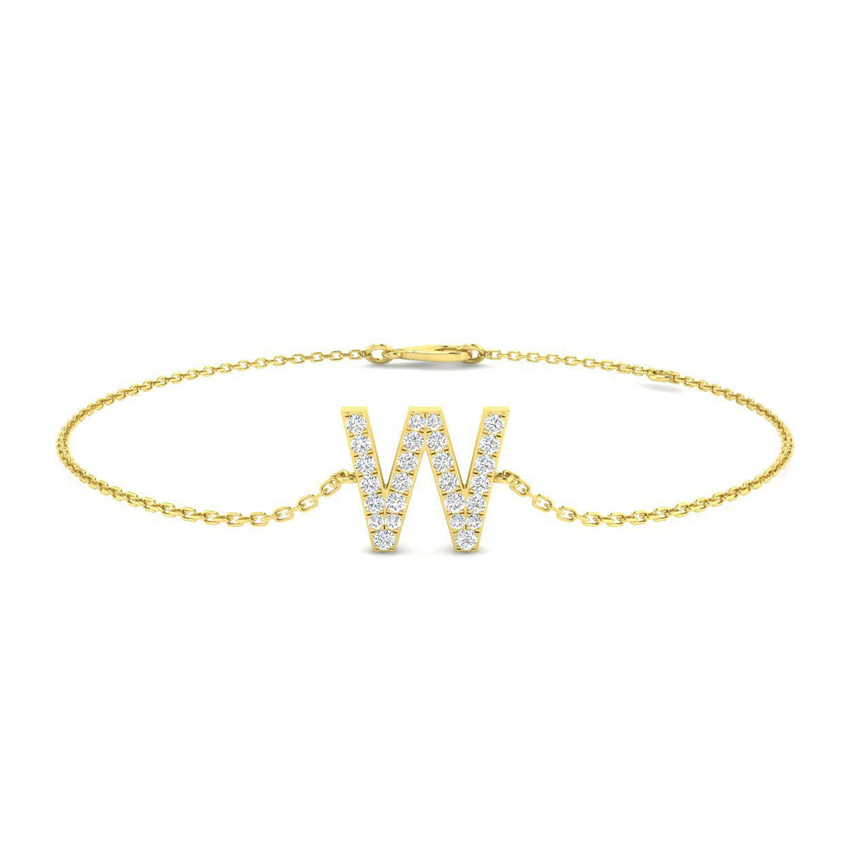 Round Cut Lab Grown Diamond Initial W Letter Bracelet with Chain Solid in 10K/14K gold and platinum with certified lab-grown or natural diamonds