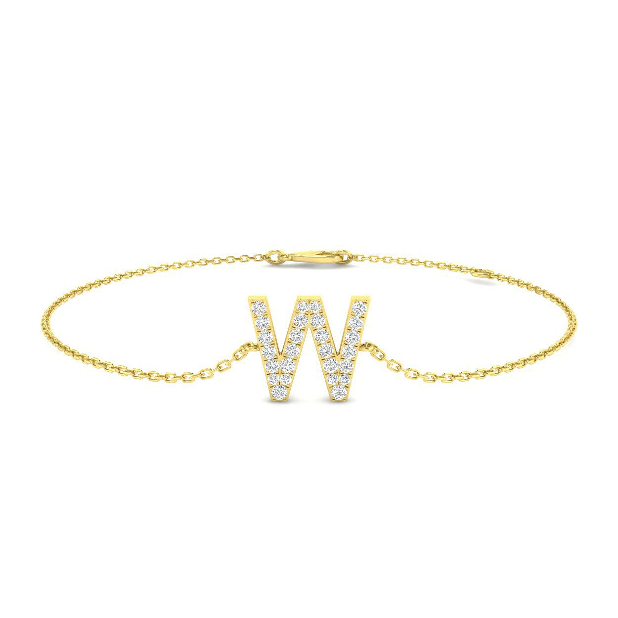 Round Cut Lab Grown Diamond Initial W Letter Bracelet with Chain Solid in 10K/14K gold and platinum with certified lab-grown or natural diamonds
