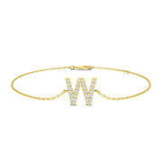 Round Cut Lab Grown Diamond Initial W Letter Bracelet with Chain Solid in 10K/14K gold and platinum with certified lab-grown or natural diamonds