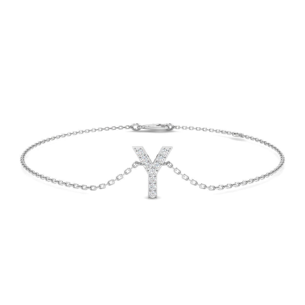 Initial Y Letter Natural Pave Set Diamonds Bracelet with Chain and Lobster Claw in 10K/14K gold and platinum with certified lab-grown or natural diamonds