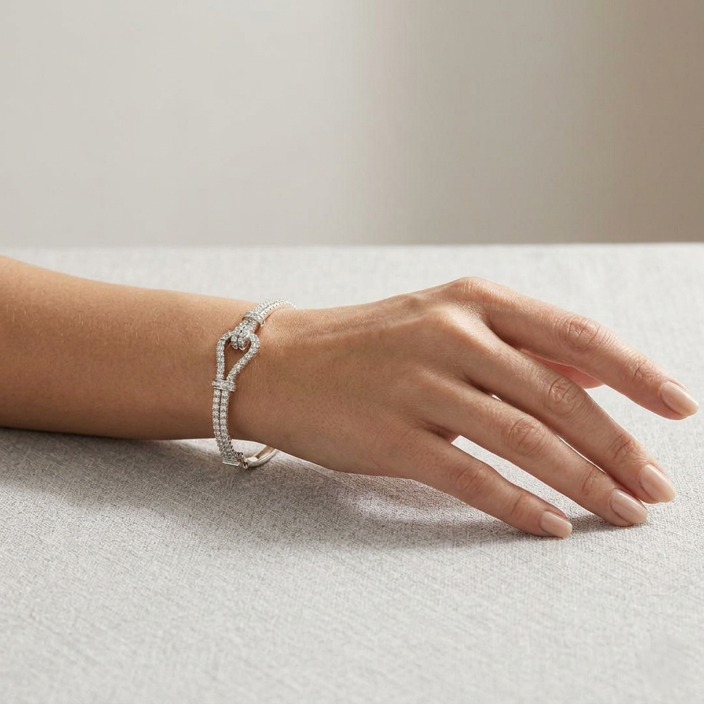 Premium Platinum Natural Round Cut Diamond Knot Design Fancy Bangle with Hinged Lock in 10K/14K gold and platinum with certified lab-grown or natural diamonds