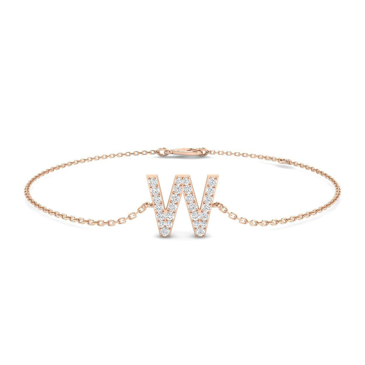 Round Cut Lab Grown Diamond Initial W Letter Bracelet with Chain Solid in 10K/14K gold and platinum with certified lab-grown or natural diamonds