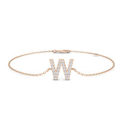 Round Cut Lab Grown Diamond Initial W Letter Bracelet with Chain Solid in 10K/14K gold and platinum with certified lab-grown or natural diamonds