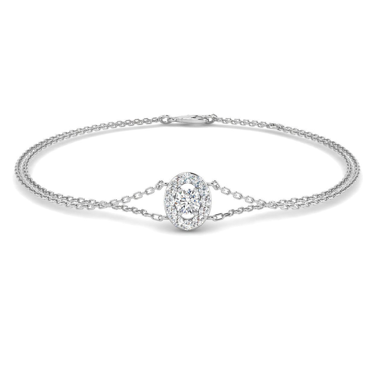 Lab Diamond Oval Style Halo Double Chain Bracelet Prong Pave Set in 10K/14K gold and platinum with certified lab-grown or natural diamonds