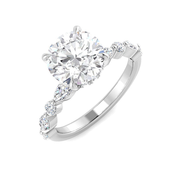 Round Diamond Ring with Marquise & Side Stones | 10K & 14K Gold, Platinum