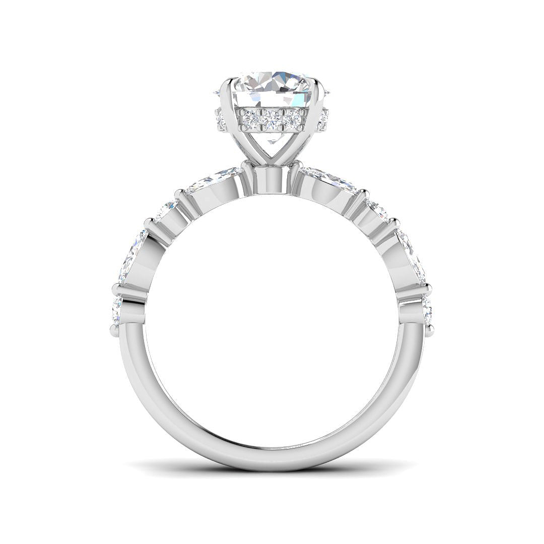 Round Diamond Ring with Marquise & Side Stones in 10K/14K gold and platinum with certified lab-grown or natural diamonds