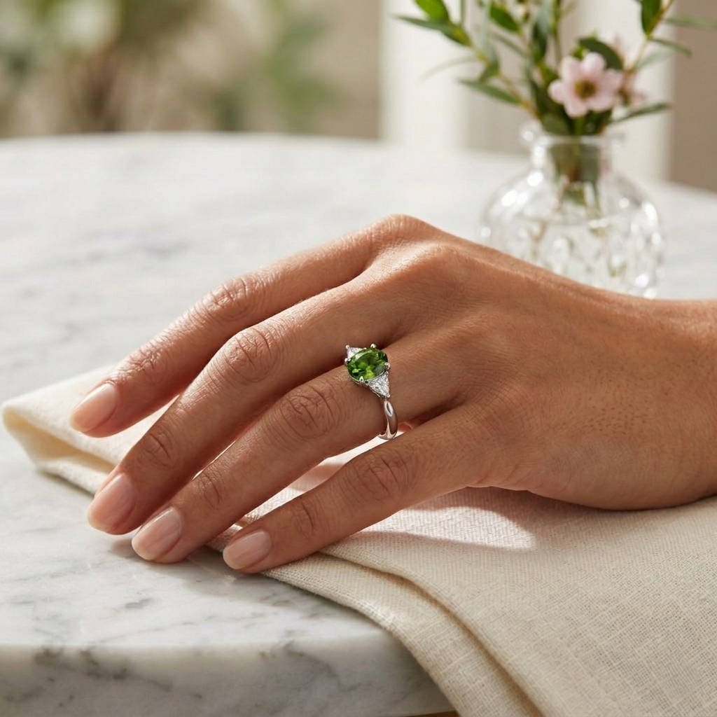 Oval Green Sapphire Ring with Diamond Side Stones in 10K/14K gold and platinum with certified lab-grown or natural diamonds