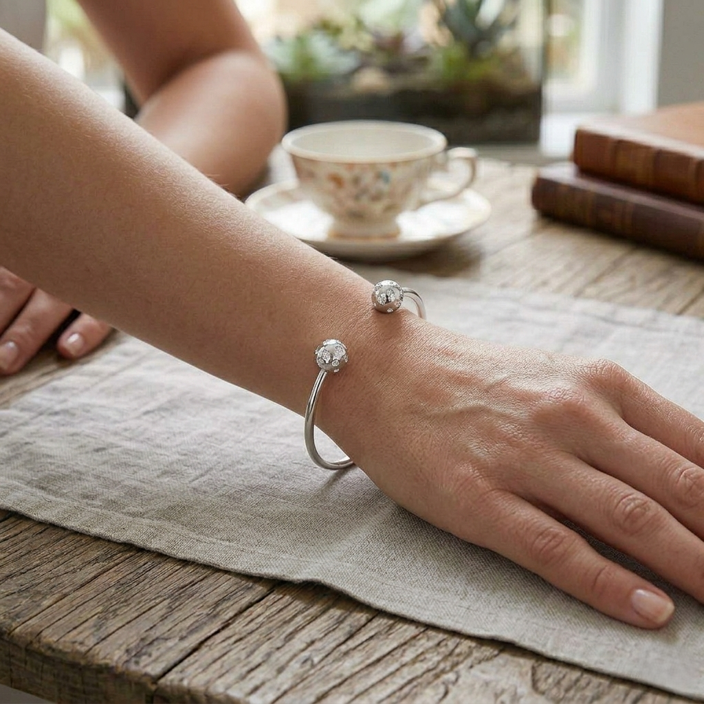 Natural Round Cut Flush Set Diamond Open Cuff Bangle with Ball End Design in 10K/14K gold and platinum with certified lab-grown or natural diamonds