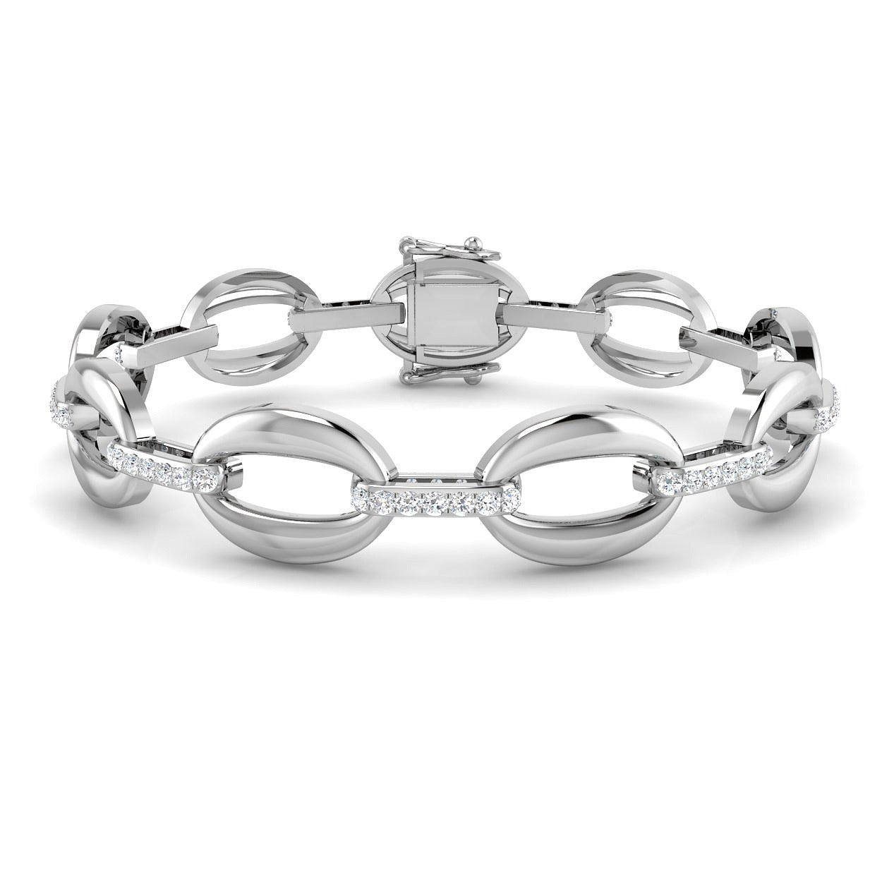 Stylish Round Lab Grown Diamond Oval Link Bracelet with Pave D-Links in 10K/14K gold and platinum with certified lab-grown or natural diamonds