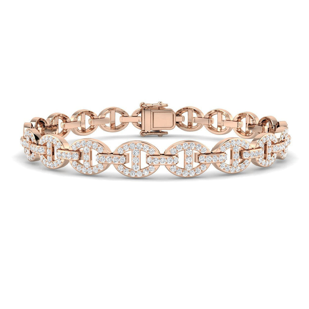 Natural Round Pave Diamond Mariner Link Bracelet with Box Clasp in 10K/14K gold and platinum with certified lab-grown or natural diamonds