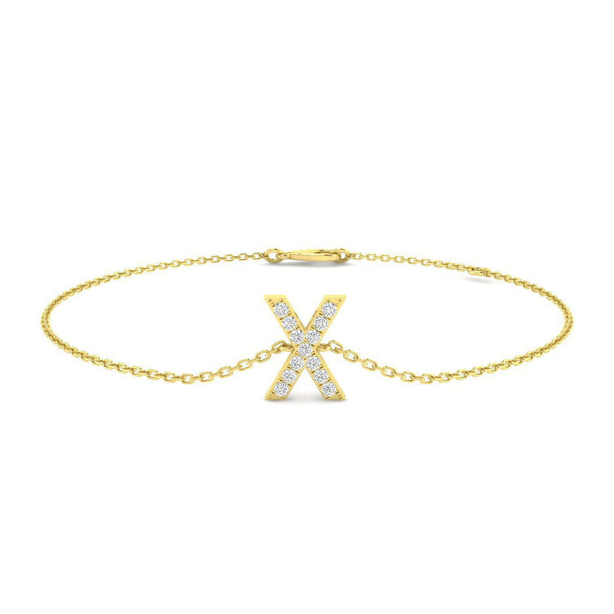 Alphabet X Letter Pave Set Lab Grown Round Diamond Bracelet with Chain in 10K/14K gold and platinum with certified lab-grown or natural diamonds