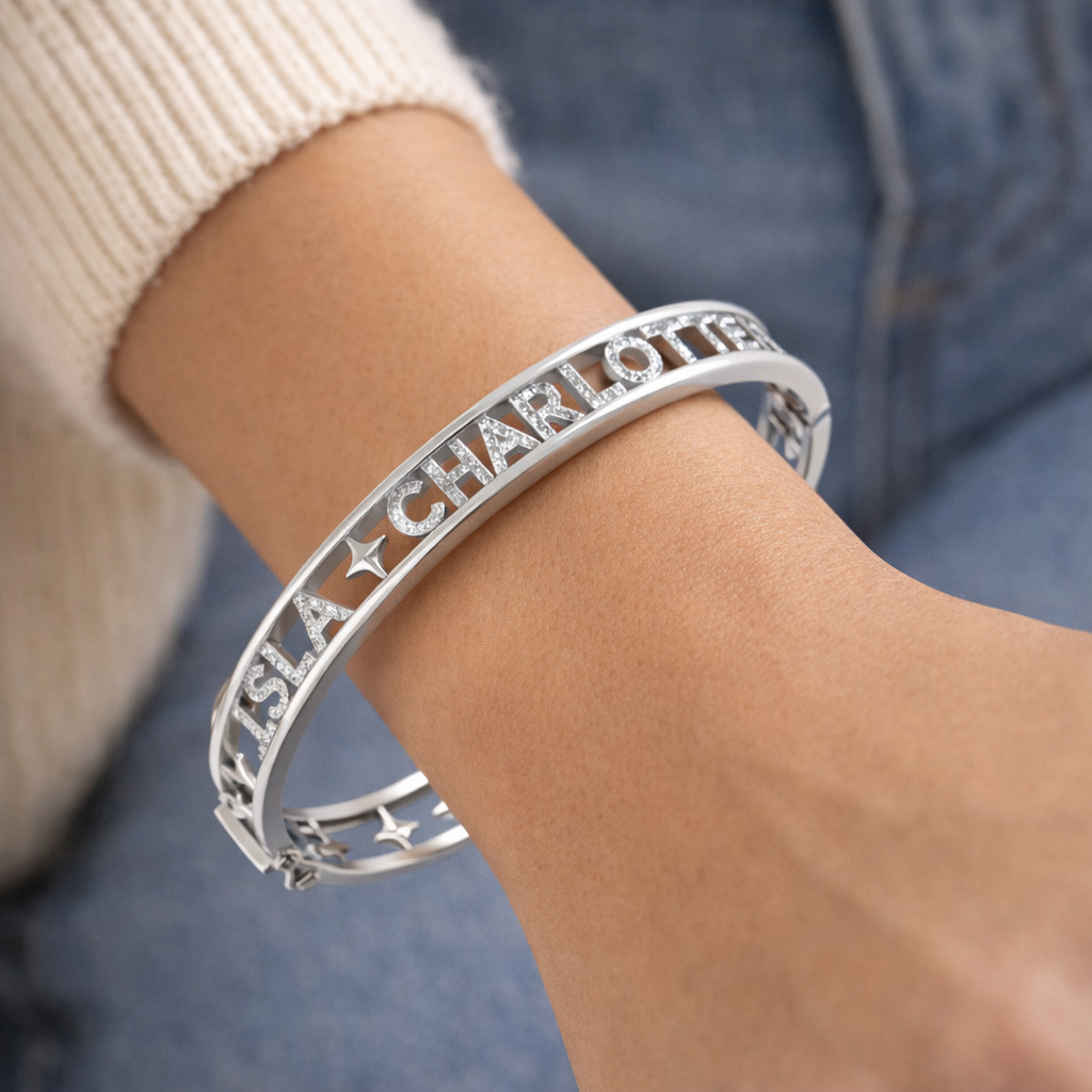 Premium Platinum Lab Grown Round Cut Diamond Pave Custom Letter Bangle with Hinged Lock in 10K/14K gold and platinum with certified lab-grown or natural diamonds