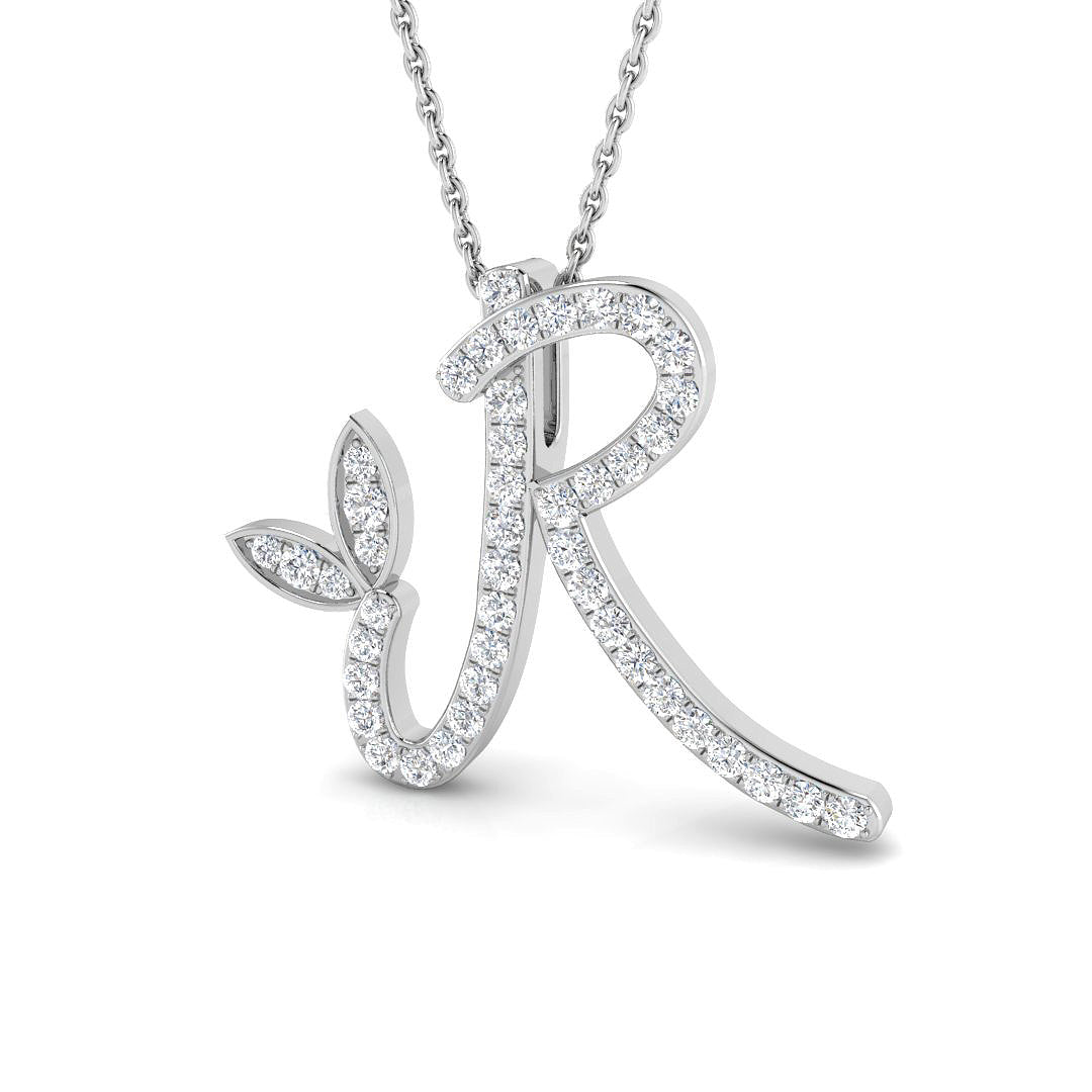 Paved Initial Diamond Pendant with Leaf Design in 10K/14K gold and platinum with certified lab-grown or natural diamonds