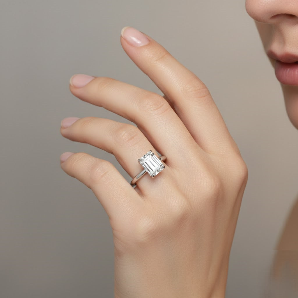 Emerald Cut Diamond Solitaire Engagement Ring in 10K/14K gold and platinum with certified lab-grown or natural diamonds