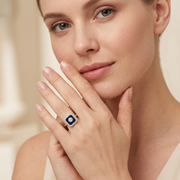 Blue Sapphire Cluster Ring with Diamond Halo in 10K/14K gold and platinum with certified lab-grown or natural diamonds