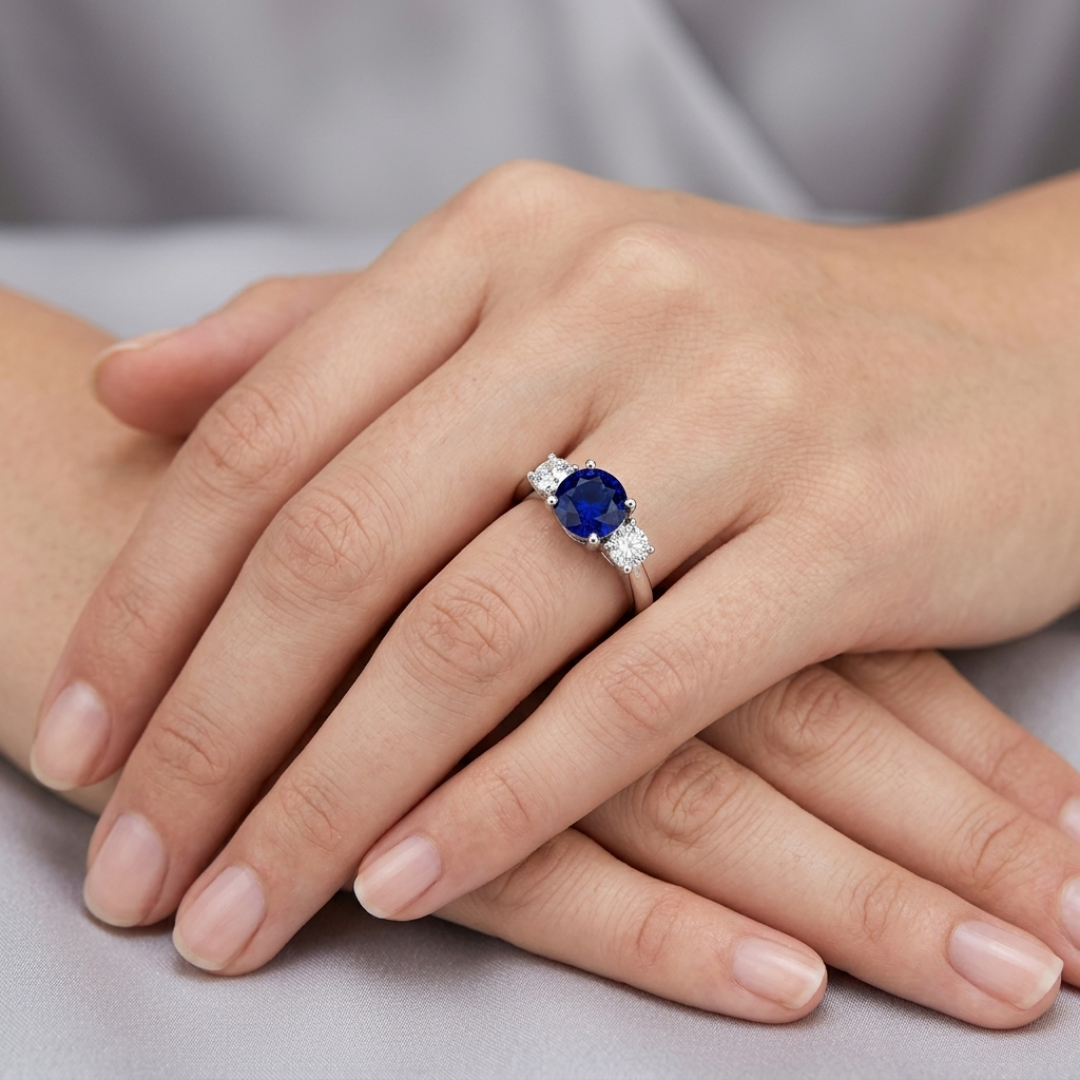 Round Blue Sapphire Three Stone Ring in 10K/14K gold and platinum with certified lab-grown or natural diamonds