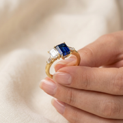 Emerald Sapphire Statement Ring with Baguette Diamonds in 10K/14K gold and platinum with certified lab-grown or natural diamonds