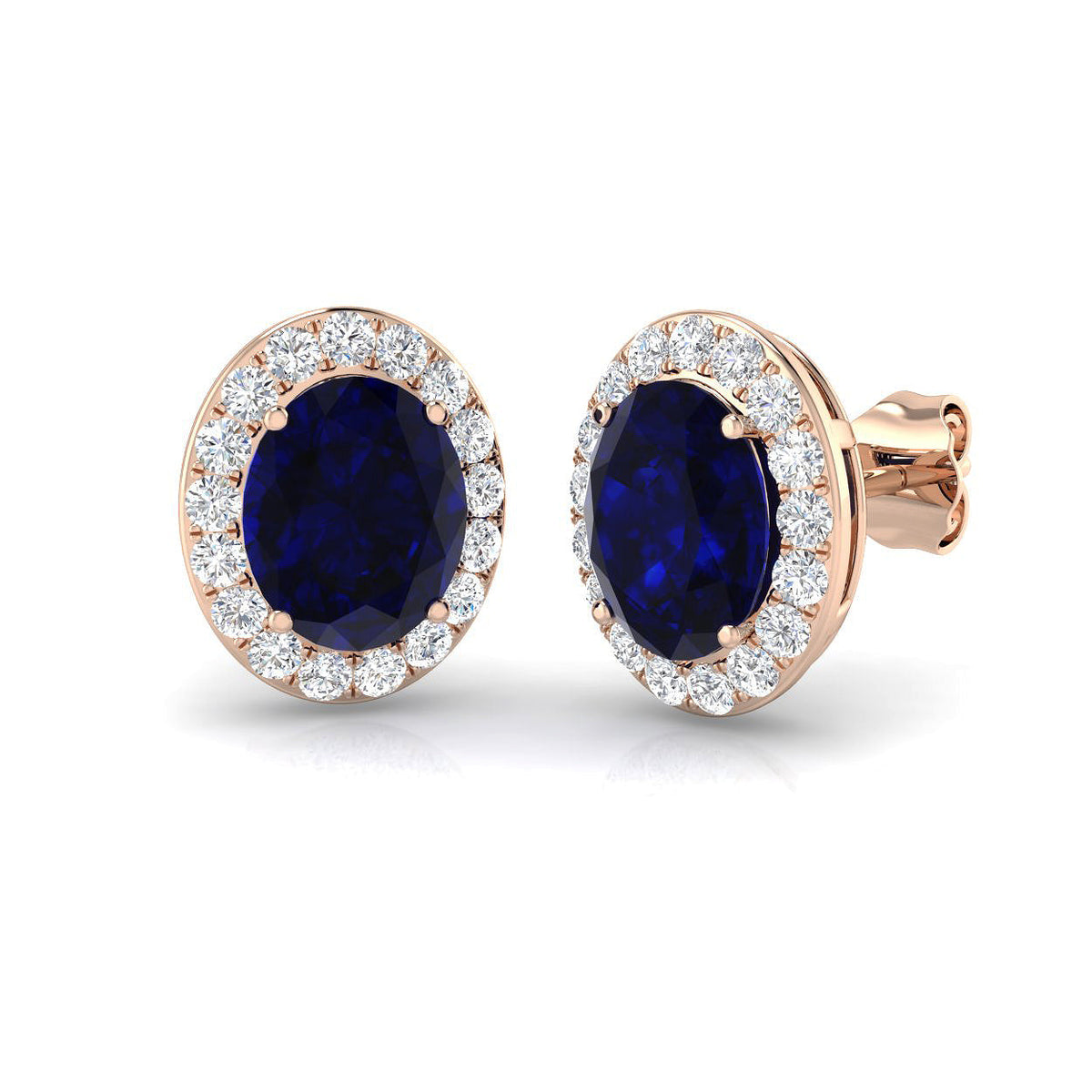 Blue Sapphire Gemstone Halo Stud Earrings in 10K/14K gold and platinum with certified lab-grown or natural diamonds