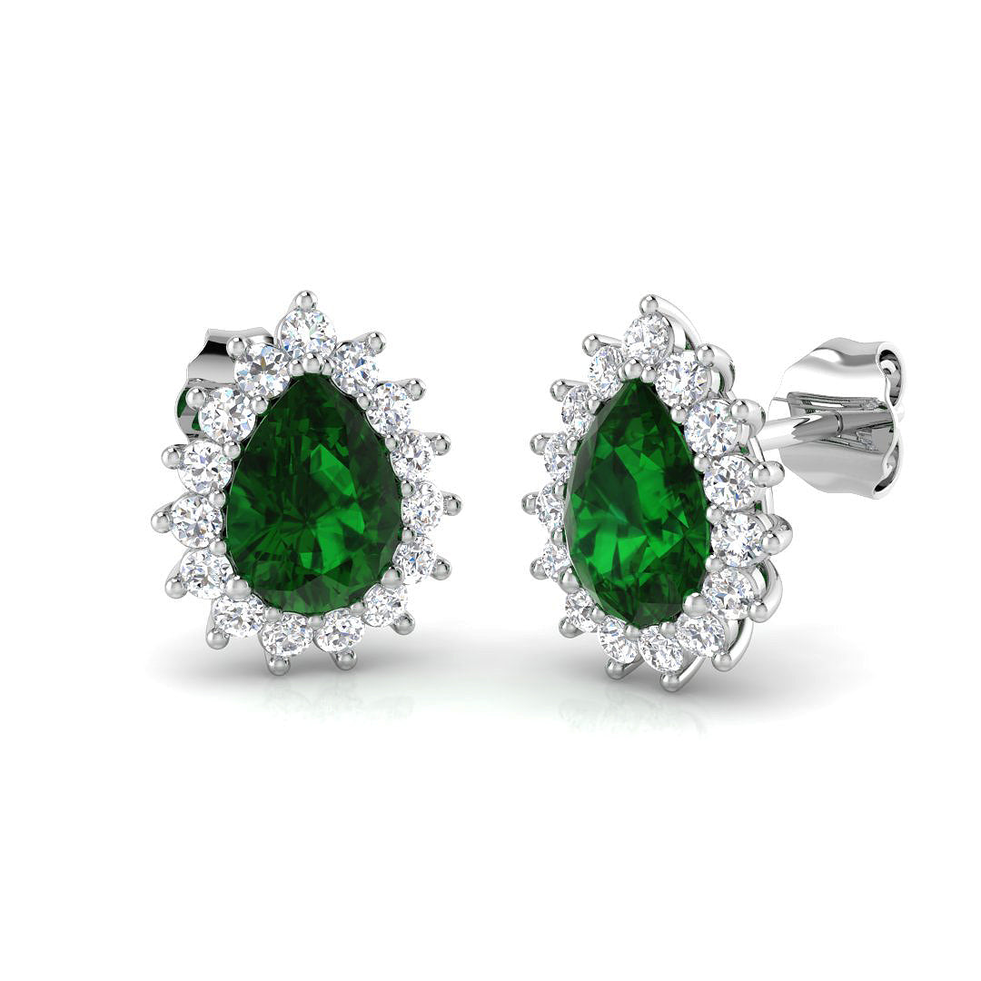 Halo Stud Earrings with Pear Emerald & Diamond Cluster in 10K/14K gold and platinum with certified lab-grown or natural diamonds