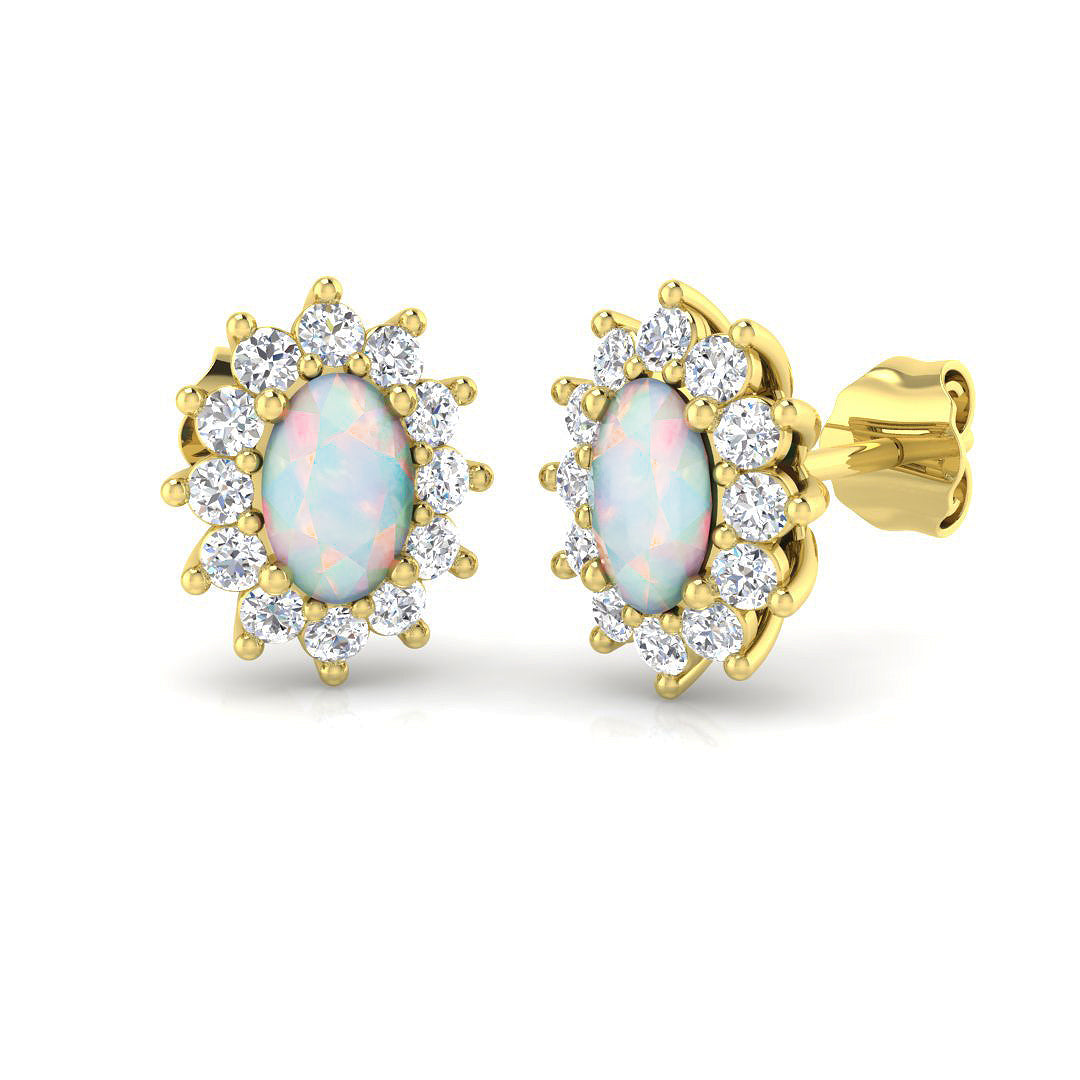 Halo Stud Earrings - 1.00 Carat Tulty Diana Oval Opal Cluster in 10K/14K gold and platinum with certified lab-grown or natural diamonds
