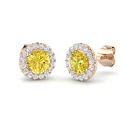 Halo Stud Earrings - 0.50 Carat Elegant Pudgy Yellow Multi Sapphire in 10K/14K gold and platinum with certified lab-grown or natural diamonds