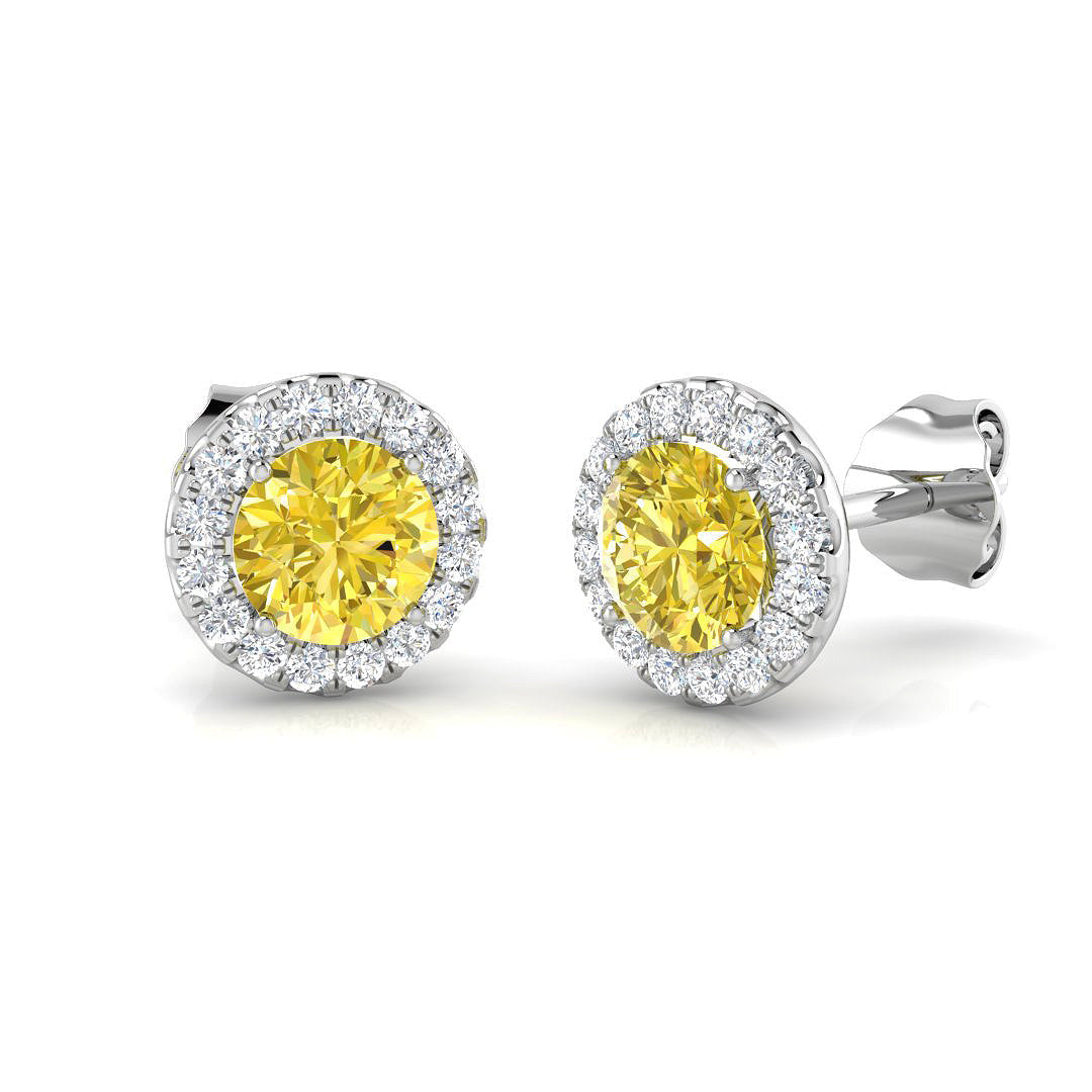 Halo Stud Earrings - 0.50 Carat Elegant Pudgy Yellow Multi Sapphire in 10K/14K gold and platinum with certified lab-grown or natural diamonds