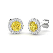 Halo Stud Earrings - 0.50 Carat Elegant Pudgy Yellow Multi Sapphire in 10K/14K gold and platinum with certified lab-grown or natural diamonds