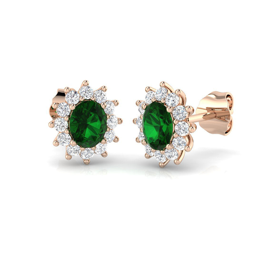 Halo Stud Earrings Oval Green Emerald Diamond Cluster in 10K/14K gold and platinum with certified lab-grown or natural diamonds