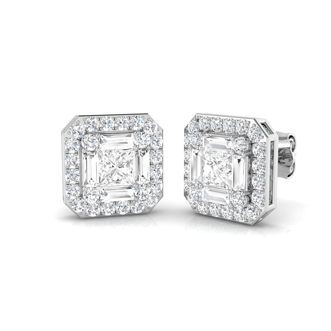 Cluster Earrings with Baguette and Round Diamonds - 1.75ct Square Halo in 10K/14K gold and platinum with certified lab-grown or natural diamonds