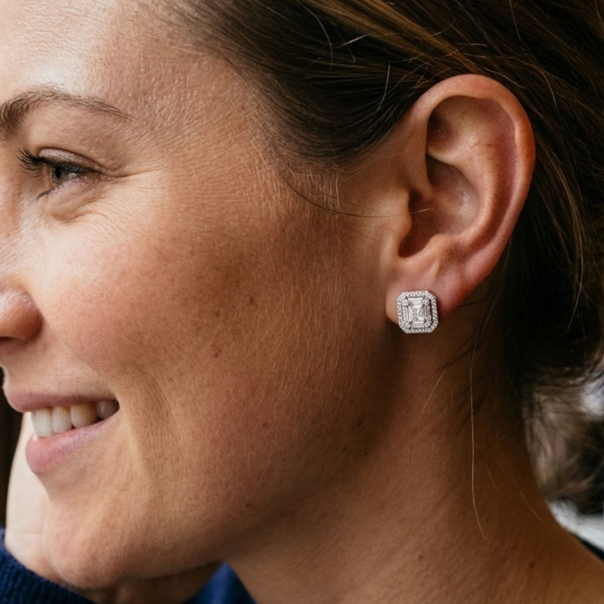 Cluster Earrings with Baguette and Round Diamonds - 1.75ct Square Halo in 10K/14K gold and platinum with certified lab-grown or natural diamonds