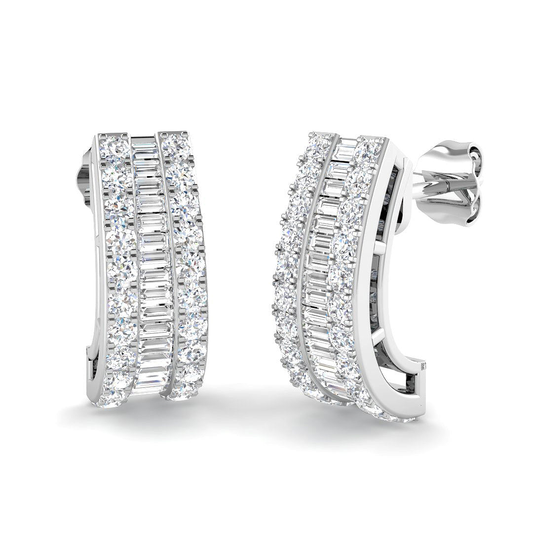 Diamond J Hoop Earrings with Baguette Diamonds - 1.25ct in 10K/14K gold and platinum with certified lab-grown or natural diamonds