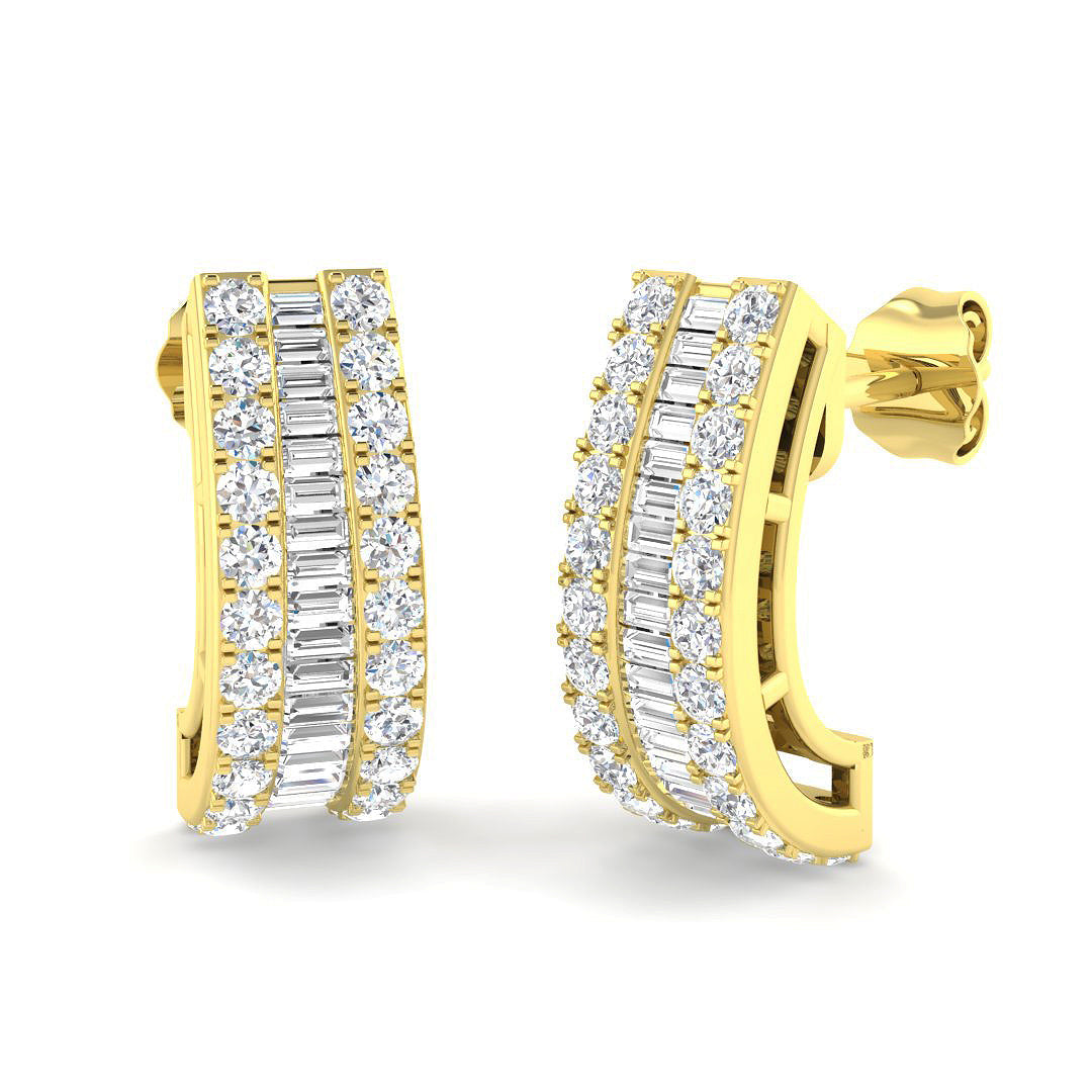 Diamond J Hoop Earrings with Baguette Diamonds - 1.25ct in 10K/14K gold and platinum with certified lab-grown or natural diamonds
