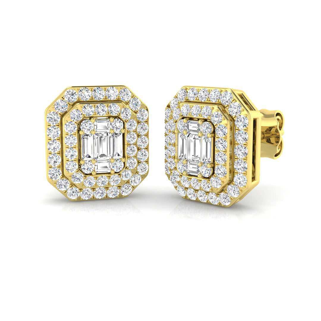 Stud Earrings with Double Octagon Halo Cluster - 1ct Solid in 10K/14K gold and platinum with certified lab-grown or natural diamonds
